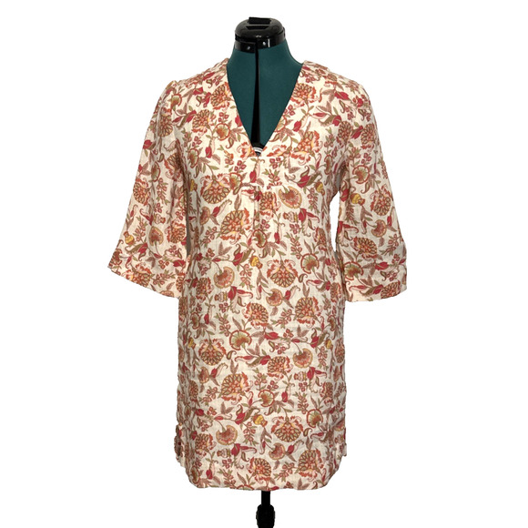 Aspiga Pink Floral 100% Linen Dress 3/4 Sleeve V-Neck Pockets Women's Size XS - Picture 3 of 11